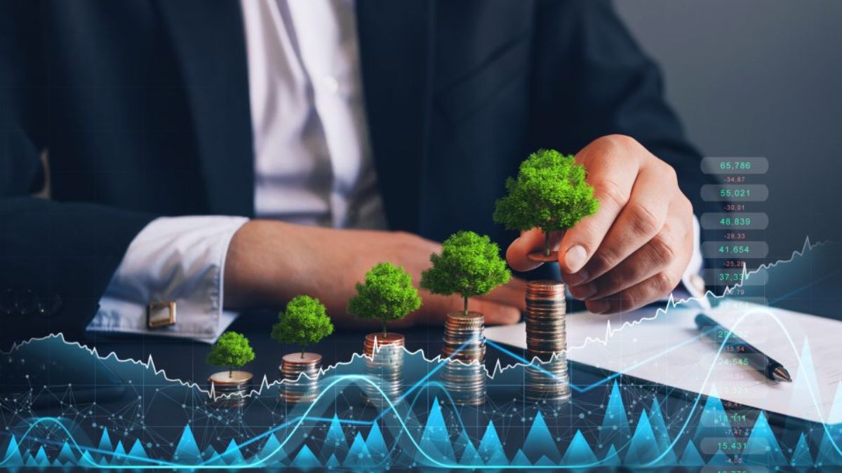 Moedas e árvores representando o novo padrão do ESG: negócios e métrica de sobrevivência para as empresas