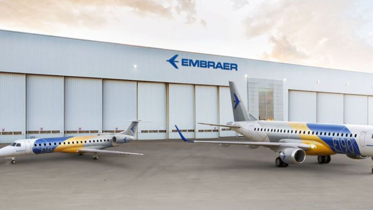 Aviões da Embraer estacionados, representando o congelamento de verba da Anac