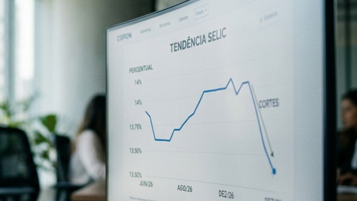 Gráfico de linha mostrando a tendência de cortes da Selic em um monitor de computador.