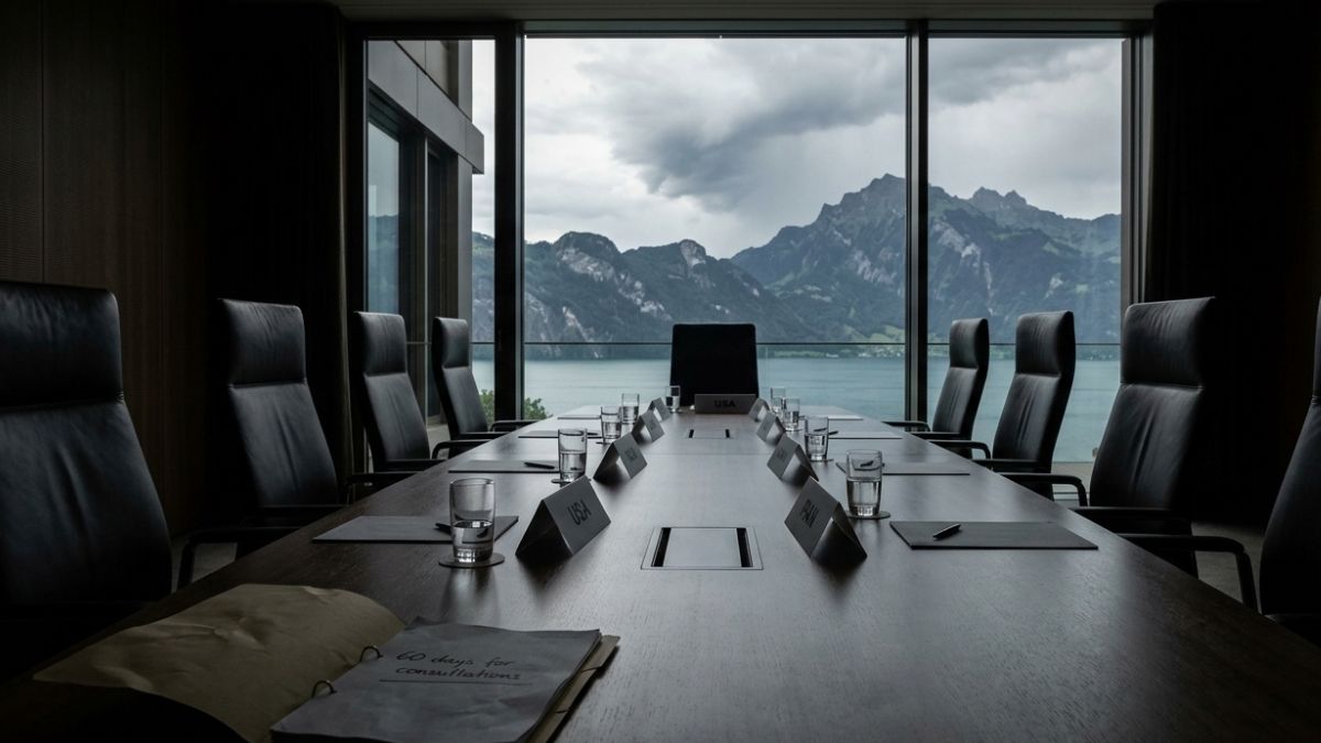 Sala de reuniões vazia, com cadeiras encostadas na mesa, transmitindo a ideia de que há uma crise diplomática entre os EUA e o Irã, que interrompeu o acordo de paz entre os dois países