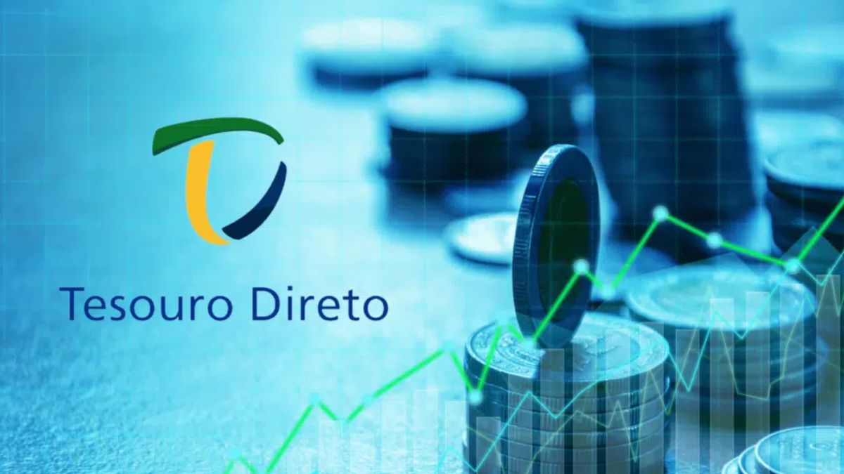 Logomarca do Tesouro Direto e grafismos contendo moedas e gráficos financeiros, para simbolizar que a emissão líquida do Tesouro Direto registrou o maior valor de sua série histórica