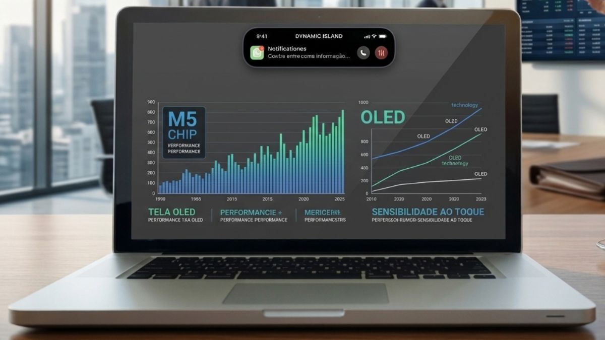 Macbook para simbolizar a estratégia de lanlamentos da Apple com o primeiro MacBook touchscreen com tela OLED e chip M5