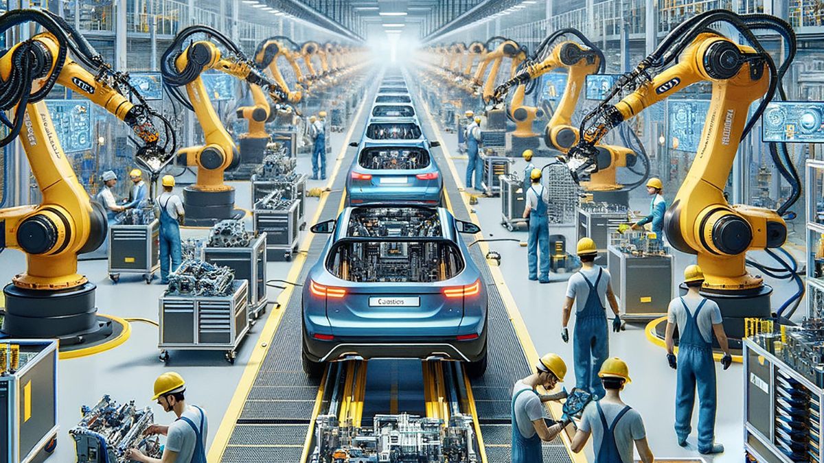Linha de montagem industrial para ilustrar as projeções sobre os impactos de tarifas americanas no setor fabril