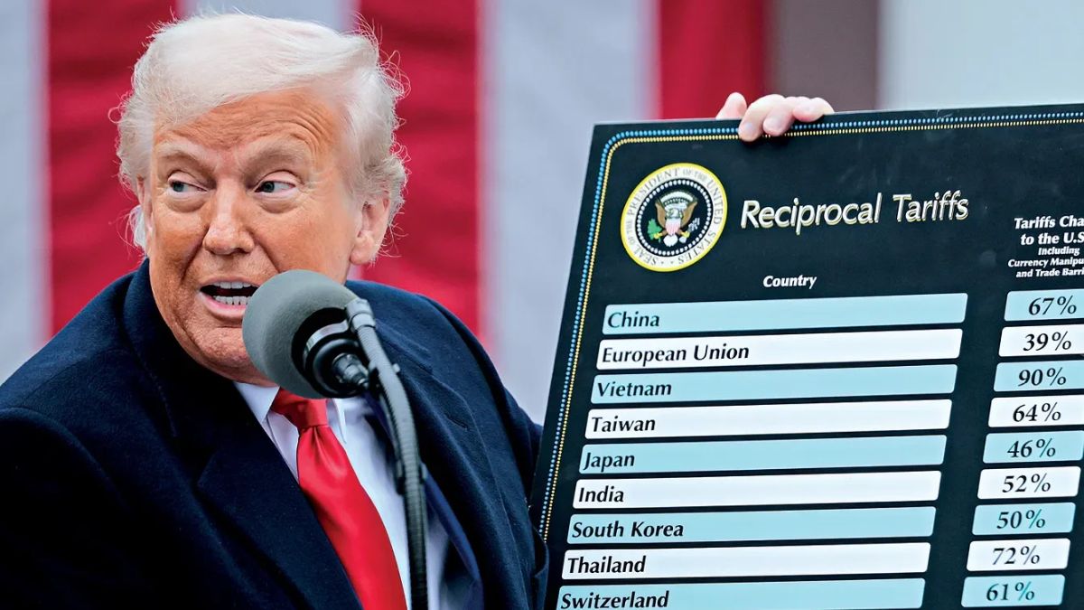 Presidente dos EUA, Donald Trump, com sua tabela de tarifas simbolizando a investigação comercial sobre o mercado brasileiro