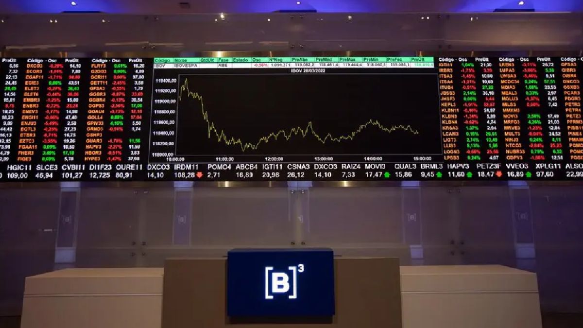 Painel eletrônico mostrando cotações em queda no pregão do mercado de ações hoje na bolsa de valores.