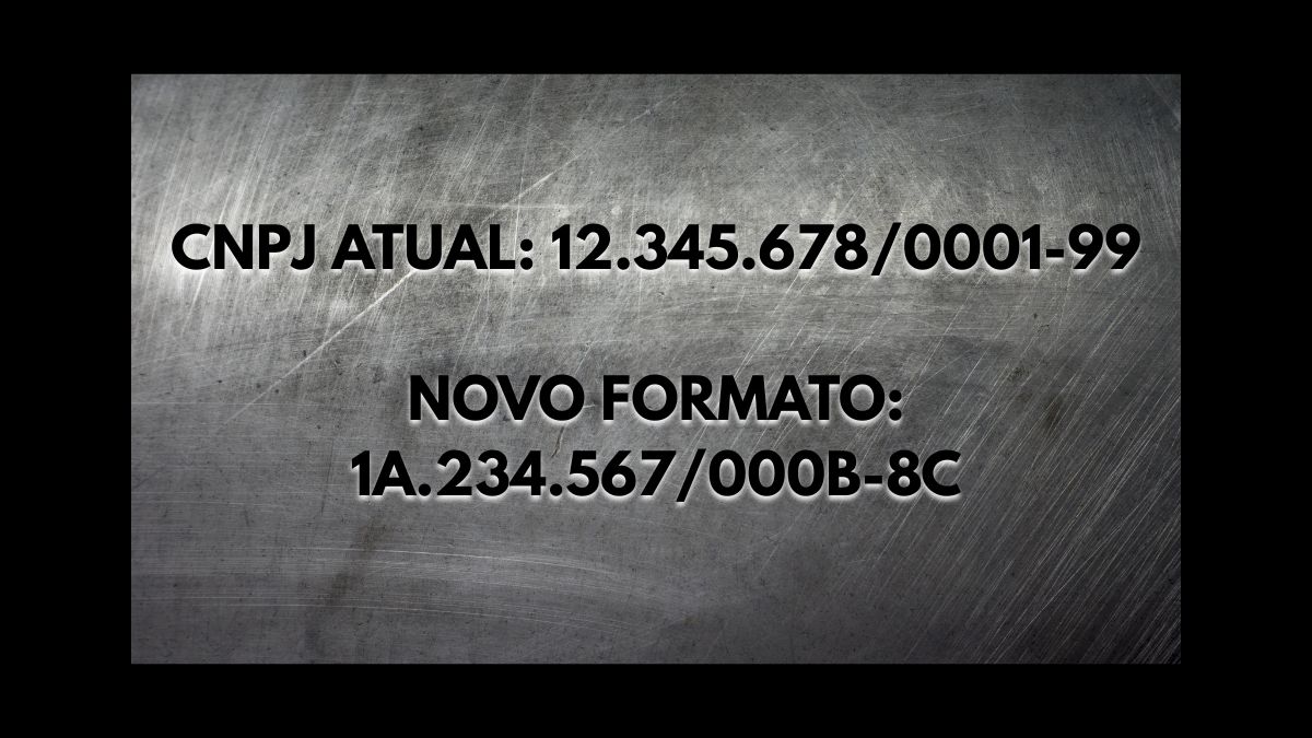Placa de metal exibindo o formato atual do CNPJ e novo formato do CNPJ alfanumérico exigido pela Receita Federal