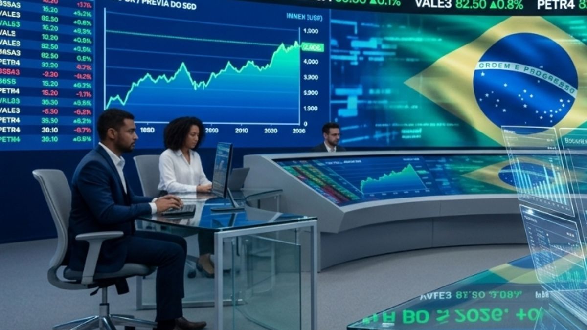 Painel digital moderno de mercado financeiro exibindo dados da prévia do PIB 2026