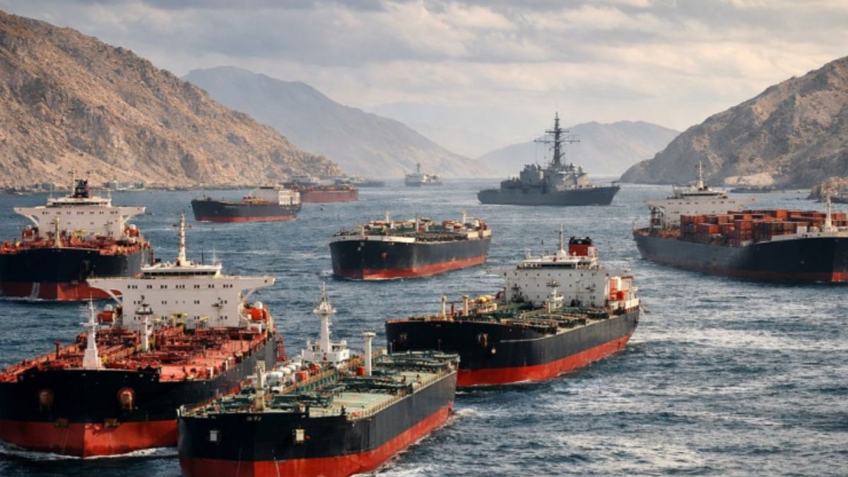 Navios cargueiros representando o risco do fechamento do Estreiro de Ormuz para o mercado