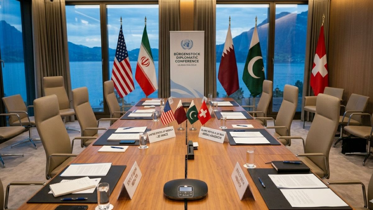 Sala de discussão diplomática, com mesa central e bandeiras dos países que discutiram as sanções ao petróleo iraniano na primeira rodada de negociações da suíça