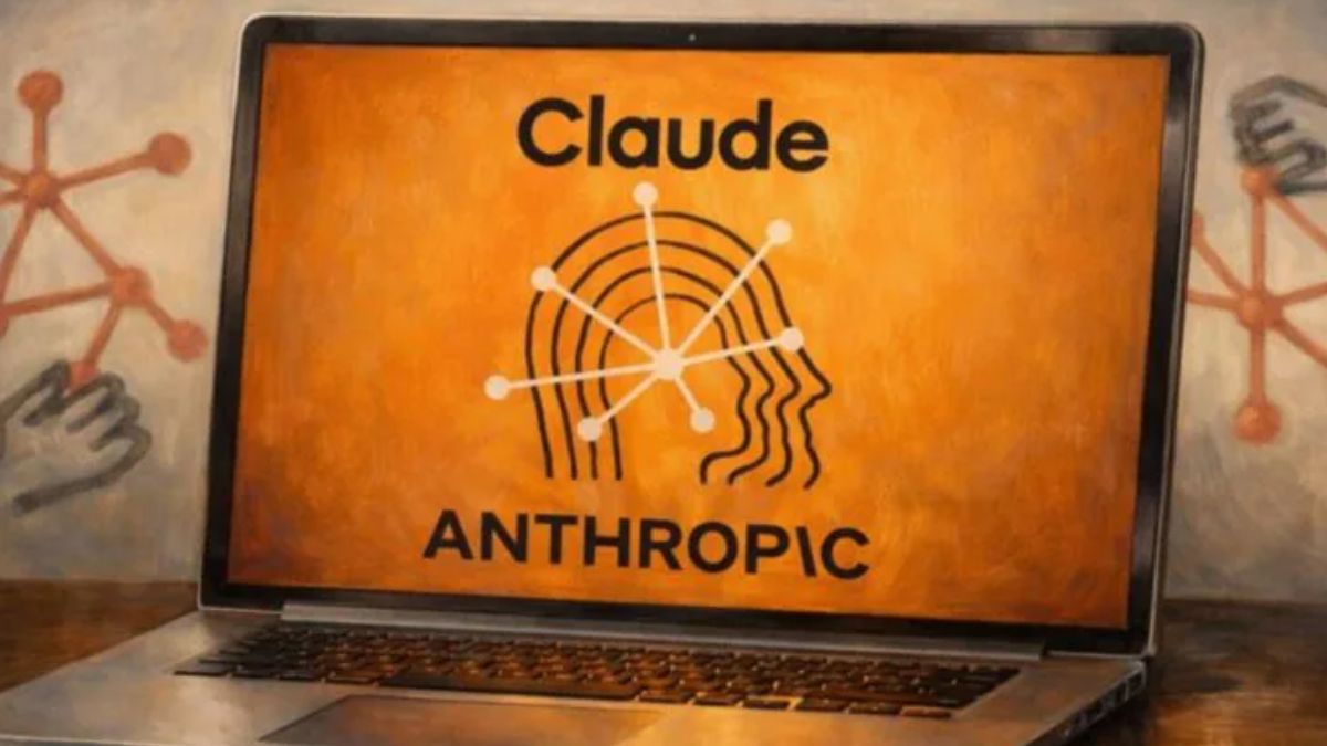 Laptop com logomarca da Anthropic, gigante de IA proibida por Trump aos países estrangeiros, o que estimula a soberania tecnológica da UE.