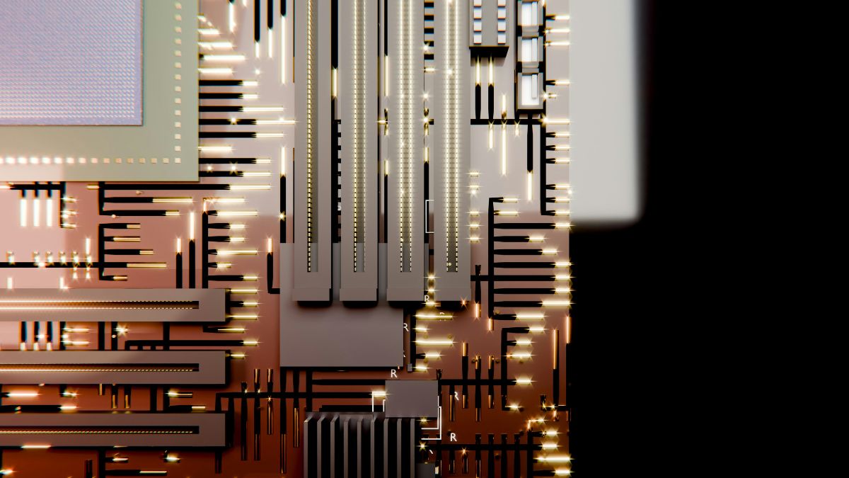 Circuito eletrônico complexo em close-up para mostrar que a ASML vai reduzir os gargalos na produção de chips de IA