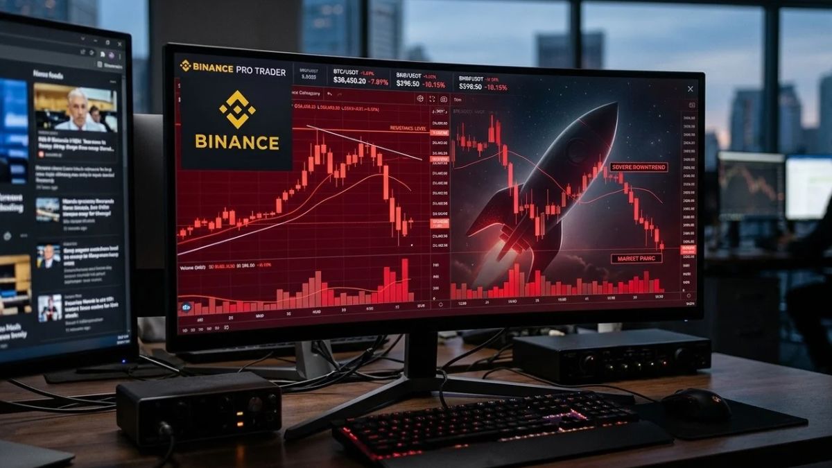 Logo da Binance em um monitor de negociação, para simbolizar que a empresa ameaça vender US$ 1 bilhão em ações da Space X