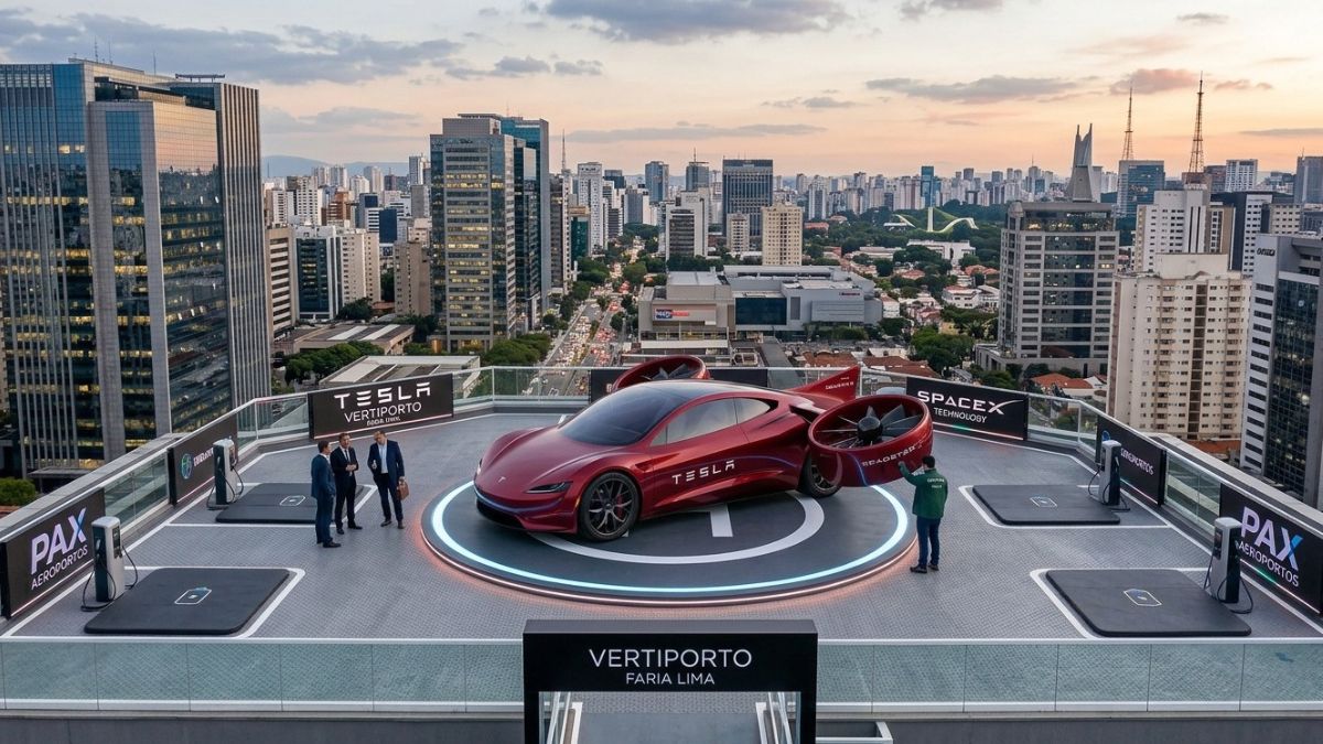 Carros voadores representado pela imagem, para simbolizar os primeiros pontos de pouso a serem construidos em SP