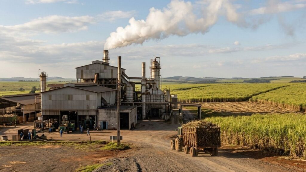 Usina de processamento de cana-de-açúcar com fumaça limpa e canavial ao fundo para simbolizar que a CNI alerta para uma possível escassez de biocombustíveis