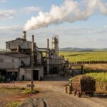 Usina de processamento de cana-de-açúcar com fumaça limpa e canavial ao fundo para simbolizar que a CNI alerta para uma possível escassez de biocombustíveis