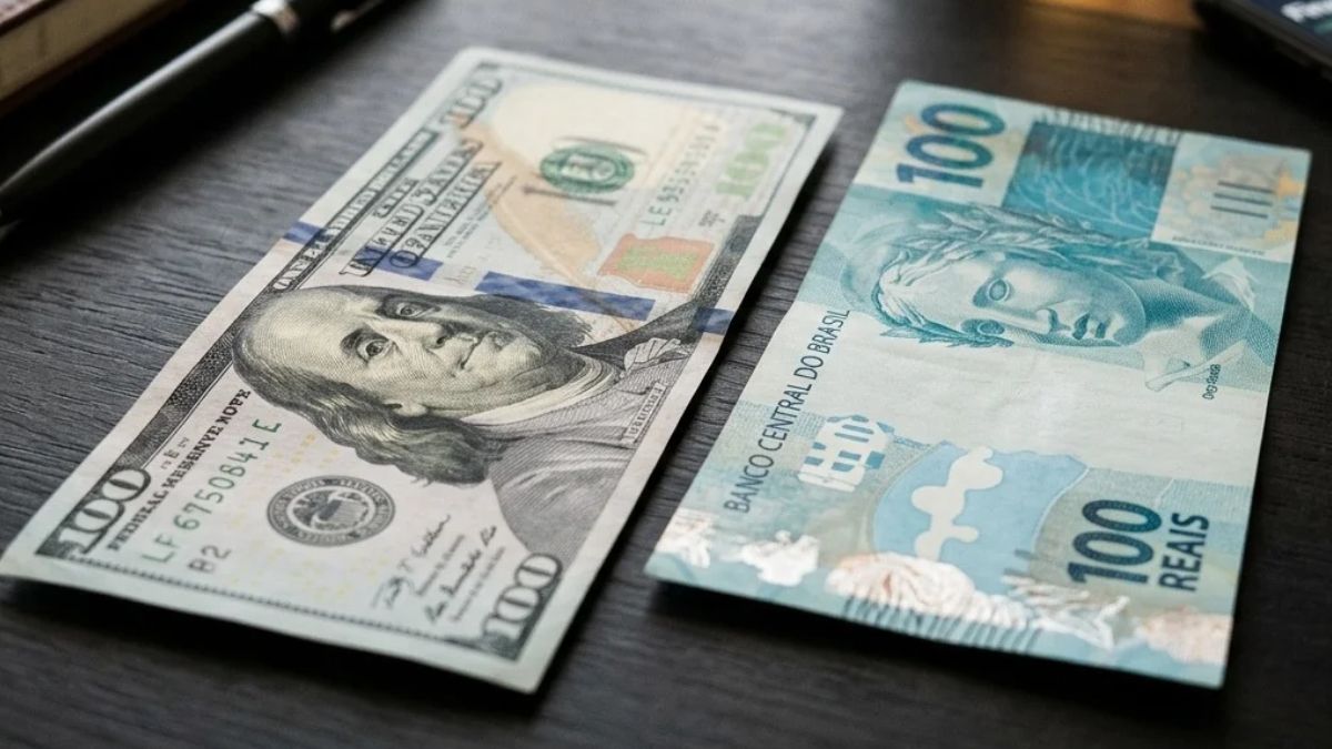 Nota de dólar paralela à nota de Real, simbolizando que o Boletim FOMC foi liberado e o Fed mantém juros nos EUA
