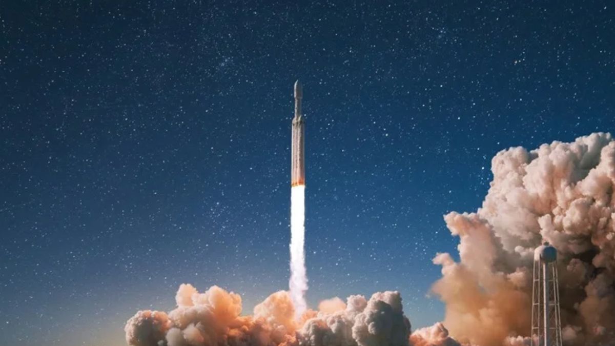 Foguete espacial realizando lançamento para simbolizar a possível fusão entre a SpaceX e a Tesla