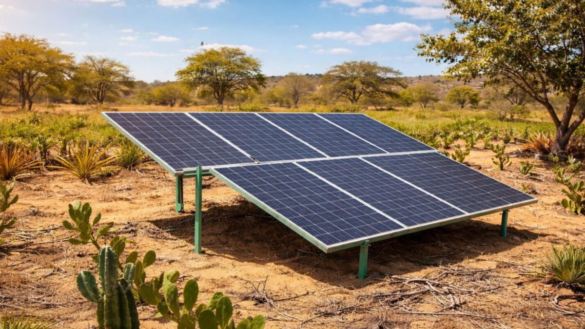 painéis solares em meio à vegetação nativa da Região Norte, simbolizando que o MME abre leilão de energia na região Norte do Brasil