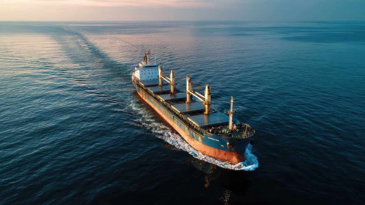 Navio petroleiro em alto mar, simbolizando que o petróleo brasileiro alavancou vendas à Europa, elevando o superávit comercial