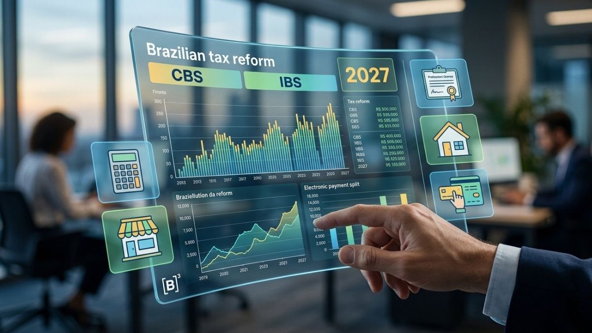 Close-up focado em uma tela interativa transparente expondo análises tributárias, para simbolizar as transformações da reforma tributária em 2027
