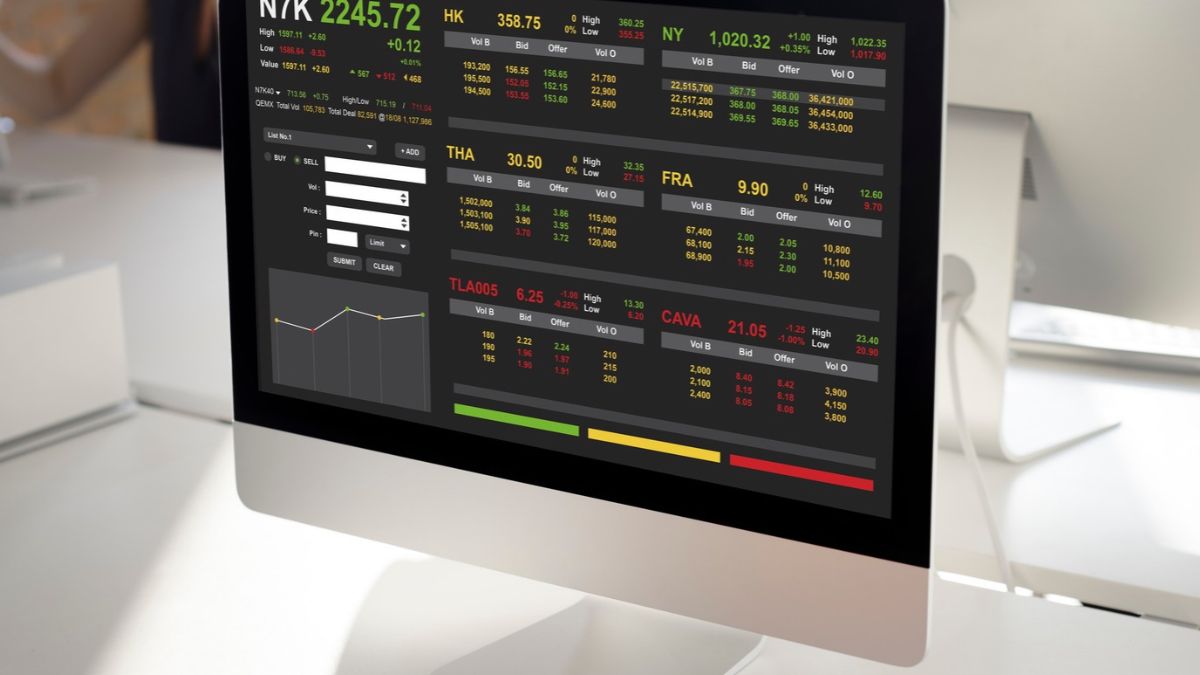 Monitor de computador apresentando tela de negociação financeira, para simbolizar que o Risco Brasil reflete forte aversão no mercado financeiro